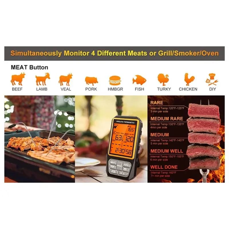 DT15 Wireless Meat Thermometer for Grilling Smoker BBQ Oven, 328Ft Digital Food Kitchen Thermometer with 4 Probes Timer Alarm,