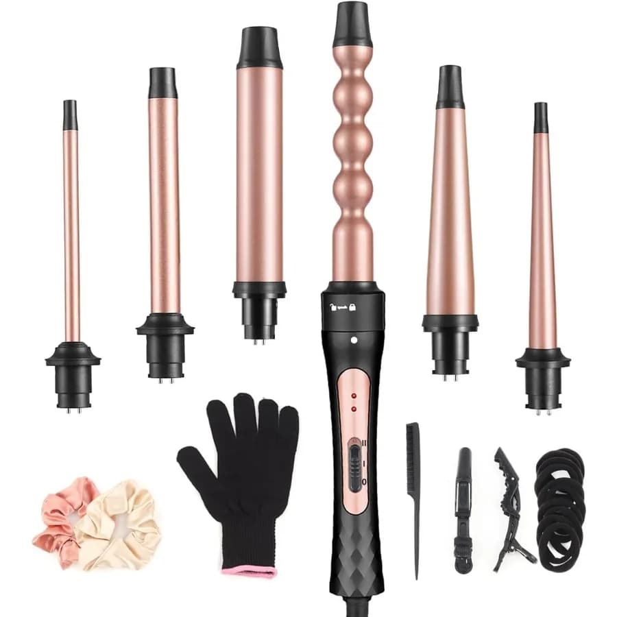 6 in 1 set of professional curling wands Bigodino for quick heating hair with 6 interchangeable ceramic barrels from 0.35'' to 1.2