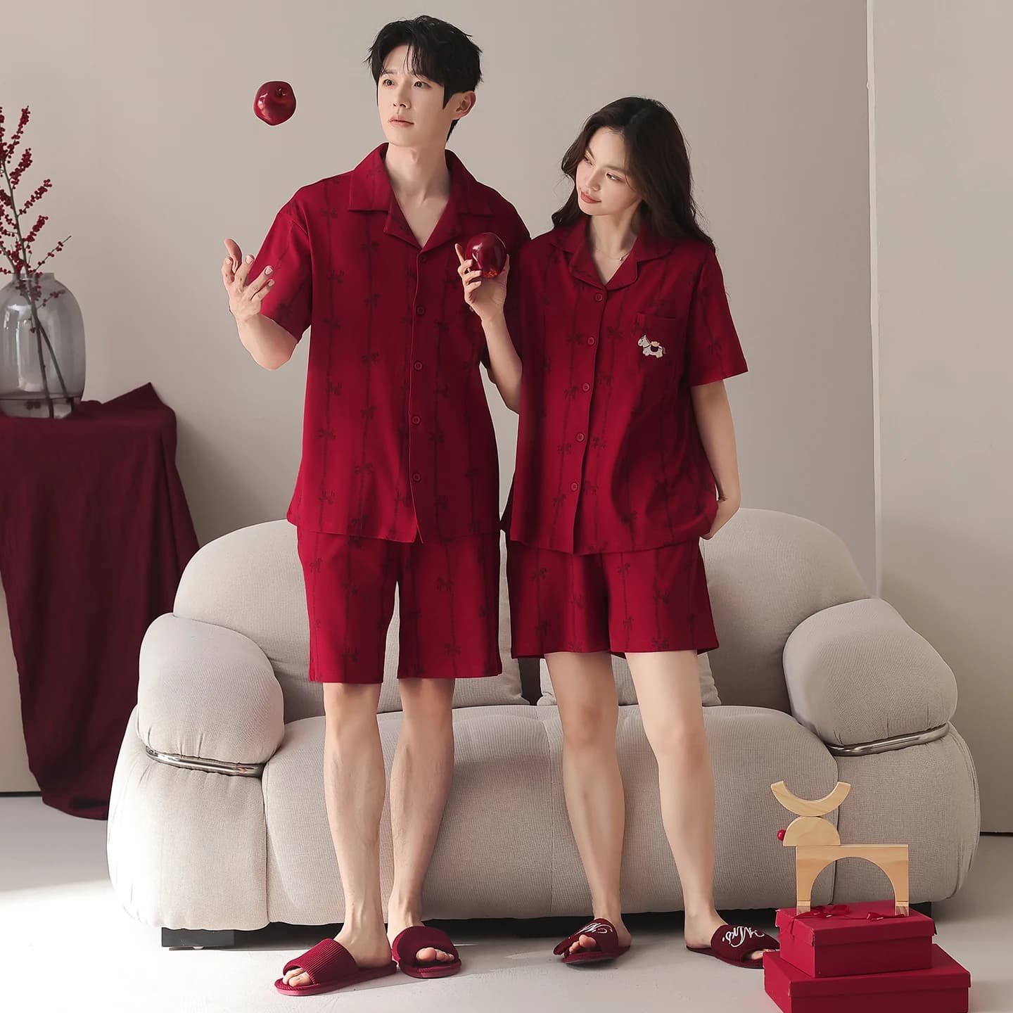 Summer Couple Turn-down Collar Pajamas Set Men Knited Cotton Short Sleeve Pijamas Women Cute Cartoon Sleepwear