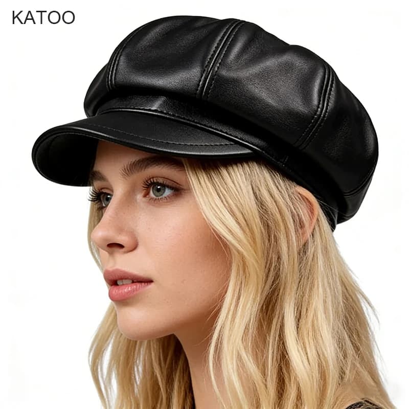 Retro Real Leather Hat Women's Sheepskin Leather Beret Casual Fashion Student Tongue Cap Snapback Caps for Men Octagonal Hat