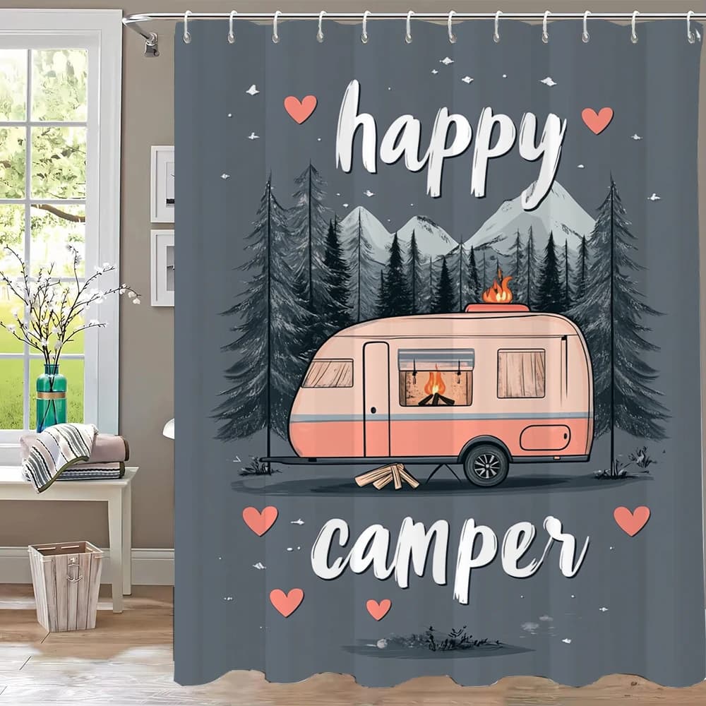 1 pz Tenda Doccia con Stampa Cartoon Happy Camper, Divisorio per la Privacy, Tenda da Bagno Sospesa con 12 Ganci, Lavabile in Lavatrice