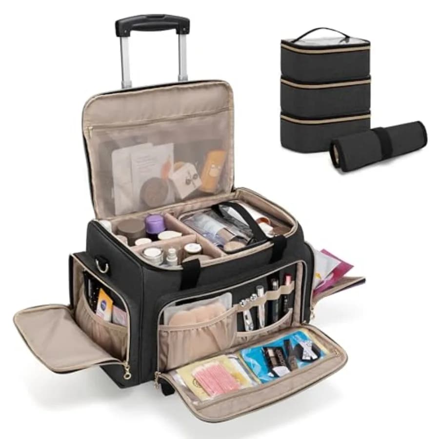 Valigia Trucchi con Ruote, 3 Pochette Rimovibili e 1 Borsa per Pennelli, Grande Borsa Cosmetica con Trolley Staccabile, Nera Brevettata