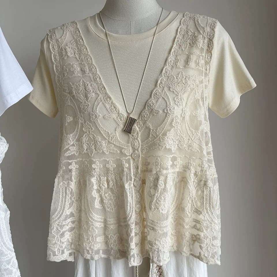 Completo Estivo Due Pezzi: Top in Pizzo e T-Shirt a Maniche Corte, Abbigliamento Sportivo Casual alla Moda che Copre la Pancia