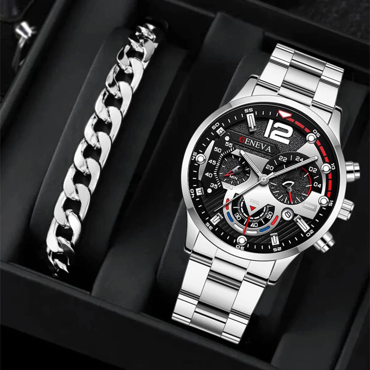 Orologio al quarzo argento da uomo di lusso da 2 pezzi con bracciale in acciaio inossidabile Orologio da uomo d'affari di moda casual Orologio luminoso
