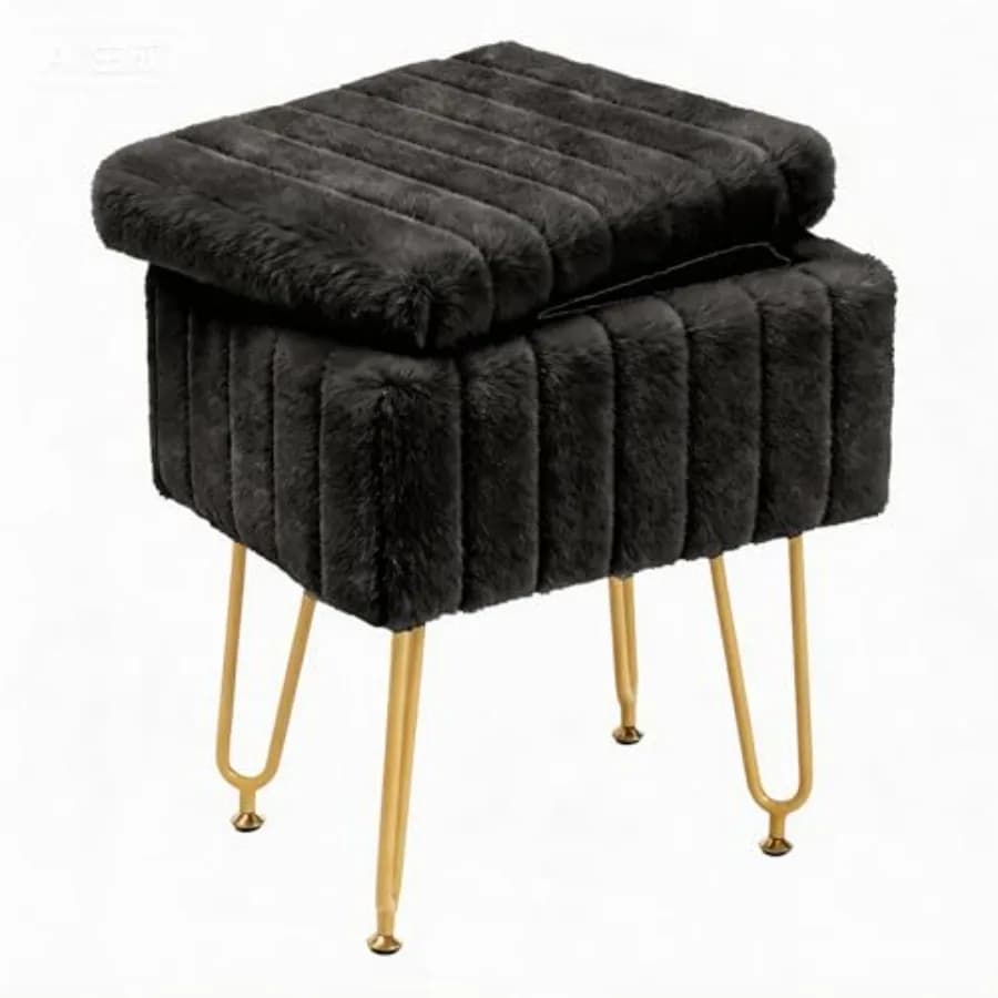 Sgabello da toeletta/pouf con contenitore, morbido e grazioso, piccolo poggiapiedi in stile moderno con seduta in pelliccia sintetica e 4 gambe in metallo regolabili
