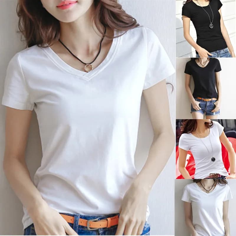 T-shirt in cotone da donna primavera estate T-Shirt a maniche corte con scollo a v nero T-shirt bianca Slim T-Shirt Casual da donna