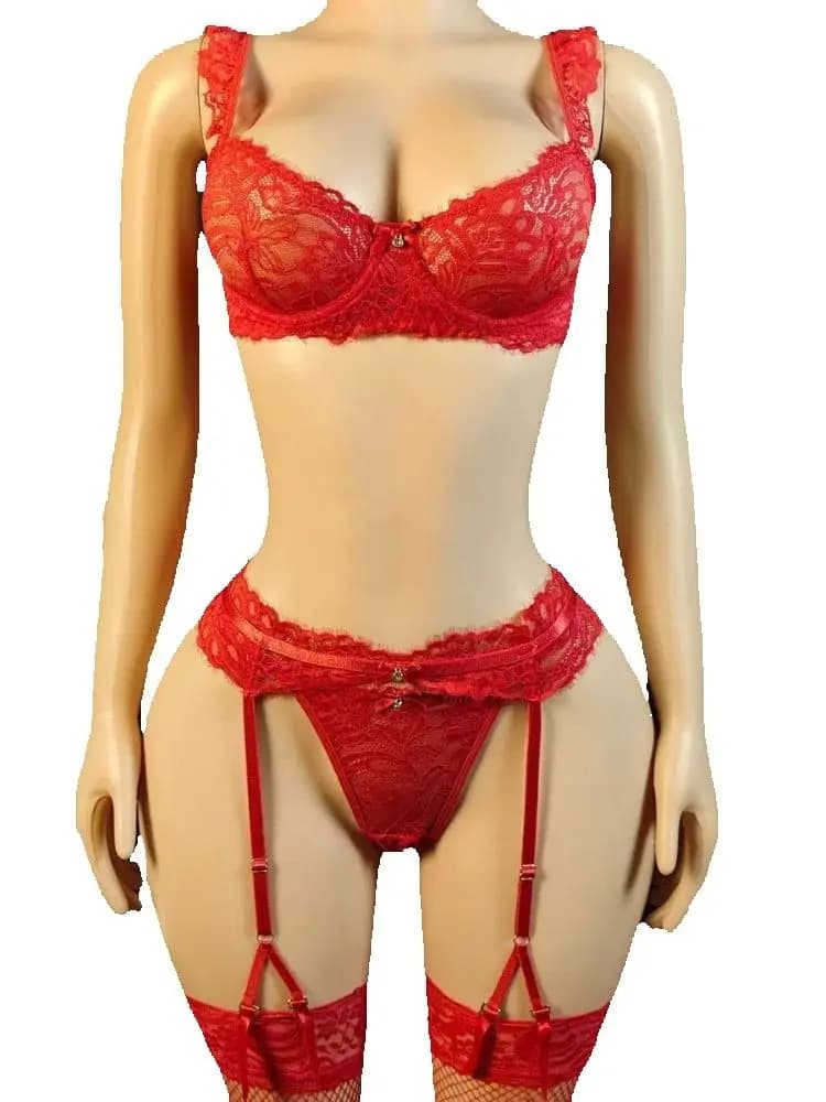 SsTss Set of women's red lace underwear in 3 pieces Bra push up and briefs Straps Erotic Underwear Sexy Underwear Nightwear