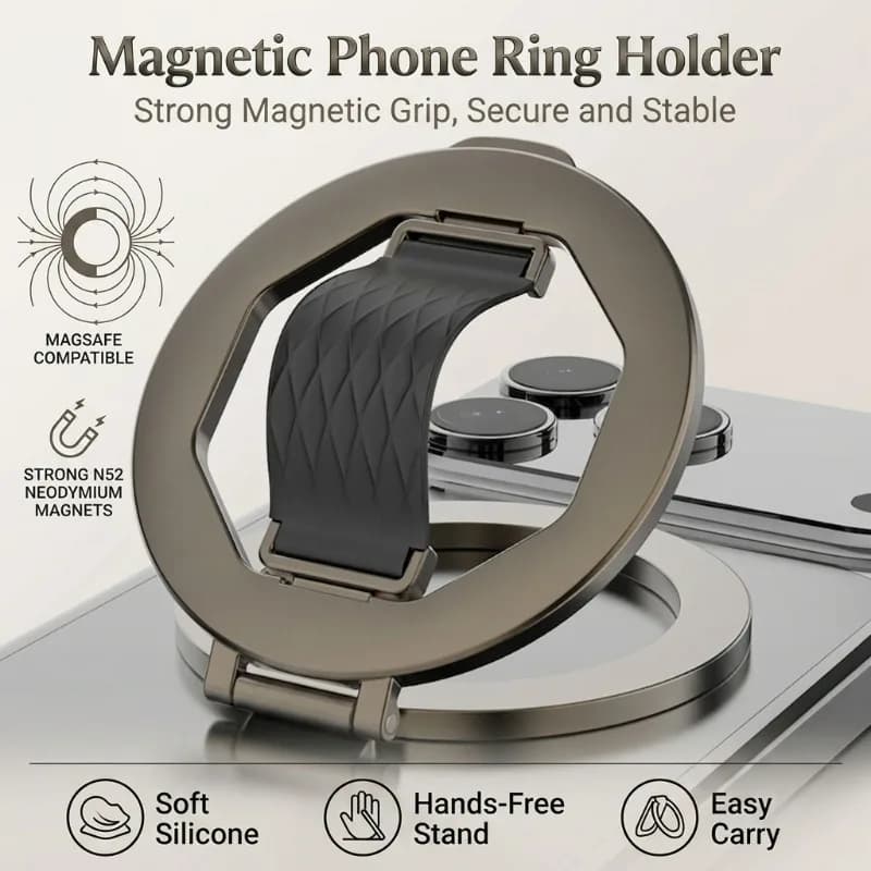 Magnetic Foldable Phone Stand for MagSafe, Desktop Ring Holder & Adjustable Grip for iPhone Samsung , Portable Cellphone Bracket
