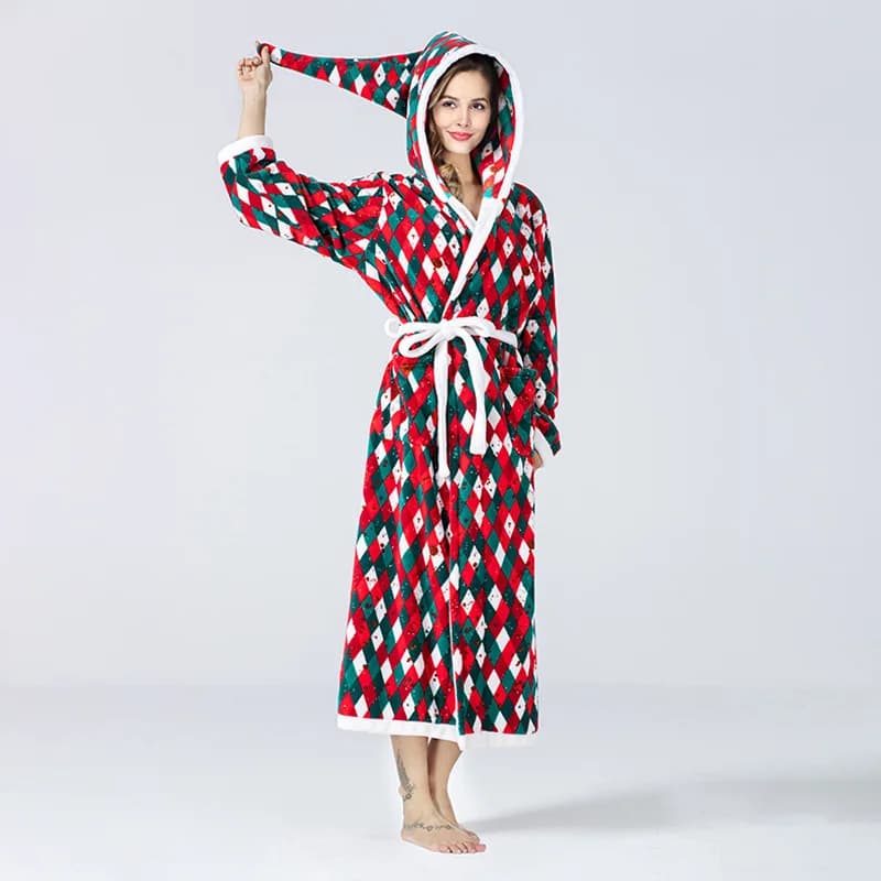 2025 New quad robe Mago hat with hood Color Block Lace-up Flannel Style Couple Christmas Gift