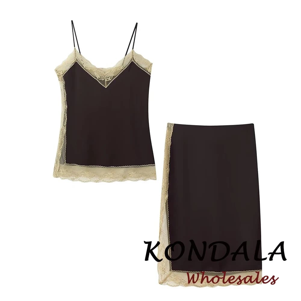 KONDALA Chic Fashion 2026 Completo Donna Marrone Sexy in Pizzo Tinta Unita, Top Canotta Scollo a V Senza Schienale + Elegante Gonna Midi a Tubino in Velluto, Set Femminile