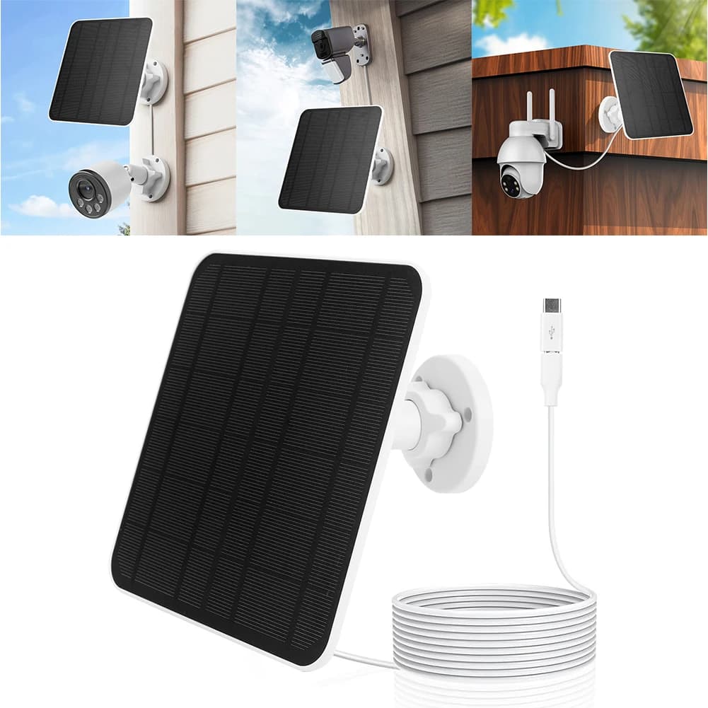 Pannello Solare 5V 6W IP65 Impermeabile per Esterni con Porte Micro USB e USB-C 360 ° Supporto Regolabile per Telecamera di Sicurezza