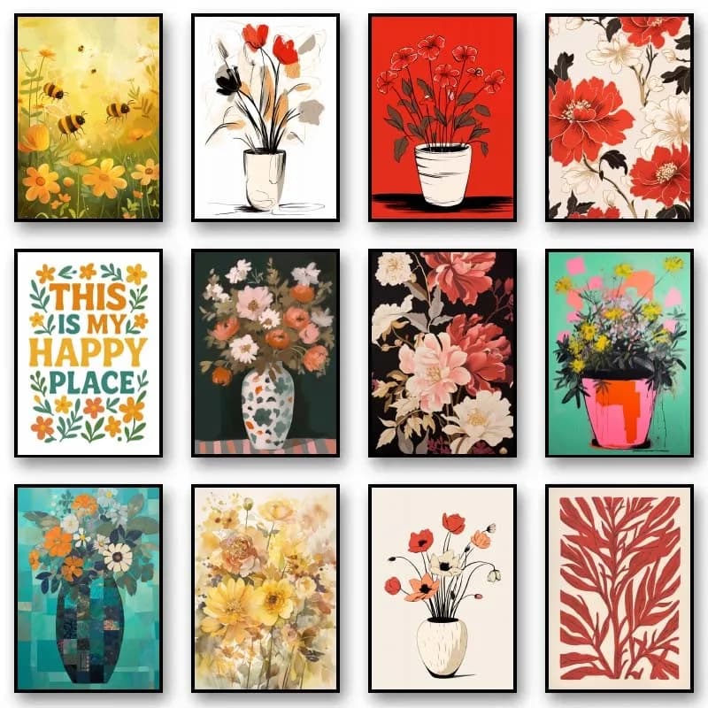 Poster con Piante in Vaso ad Acquerello, Stampa su Tela Botanica per Giardino Familiare, Quadro da Parete per Soggiorno e Arredamento Casa