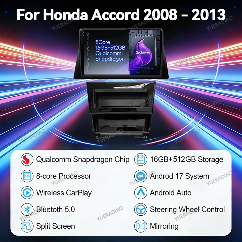 Android 17 Car Radio For Honda Accord 8 2008 2009 2010 Head Unit Qualcomm Multimedia Video Player 4G WIFI QLED BT 2DIN GPS NAVI