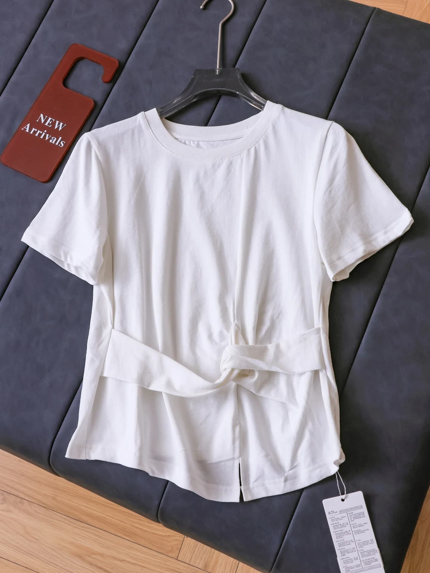 Cooling Sensation Color Slim Fit Knot Design Asymmetrical Hem Commute Casual Short Sleeve T-Shirt Women R704