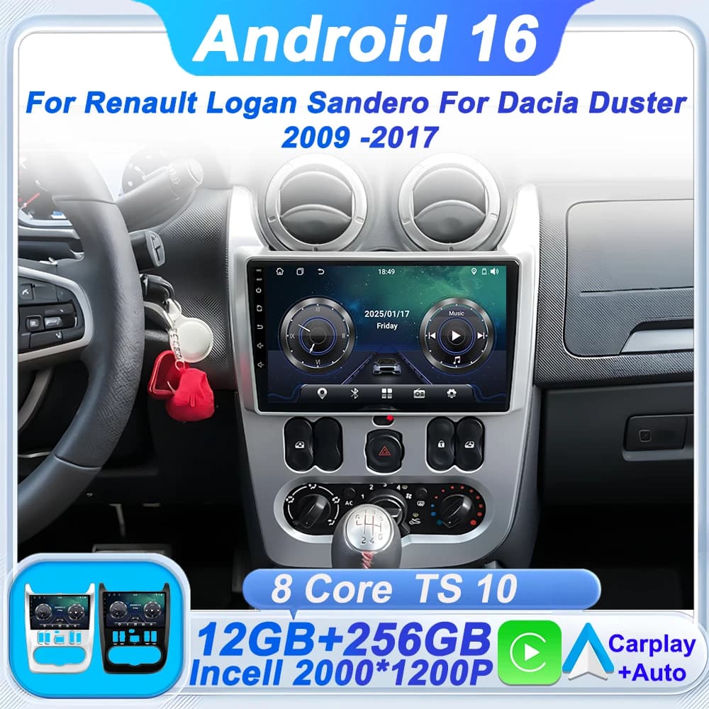 Autoradio Android 16 Per Renault Logan Sandero Per Dacia Duster 2009 -2017 Carplay Autoradio FM Touch Screen Stereo GPS 5G Wifi