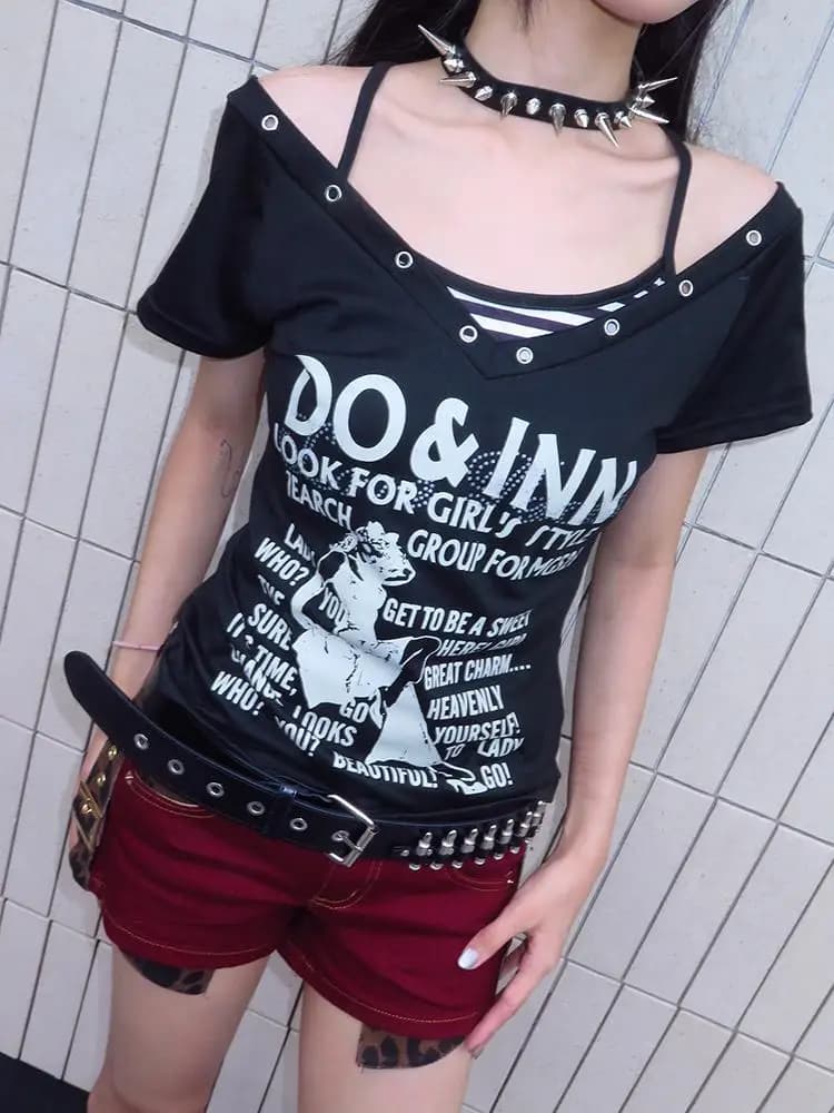 Subculture Rock and Roll Y2k Abiti Festival musicale Stampe T-shirt a maniche corte + Canotta a righe Spice Girl Set da 2 pezzi