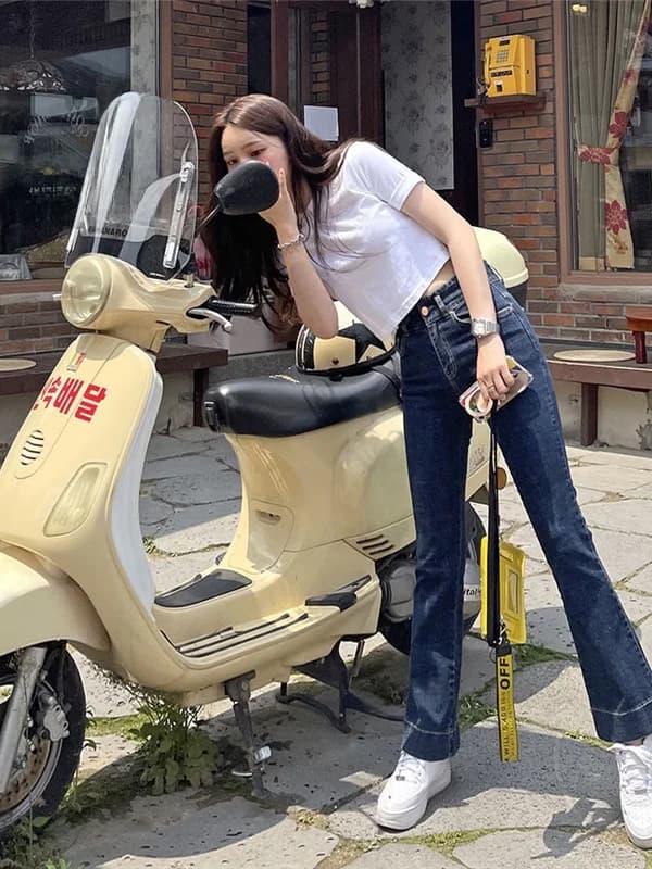 High Waist Straight Leg Micro Flared Summer Thin Elastic Slimming Women's Jeans Korean Sle Cotton Stretch Denim Pants