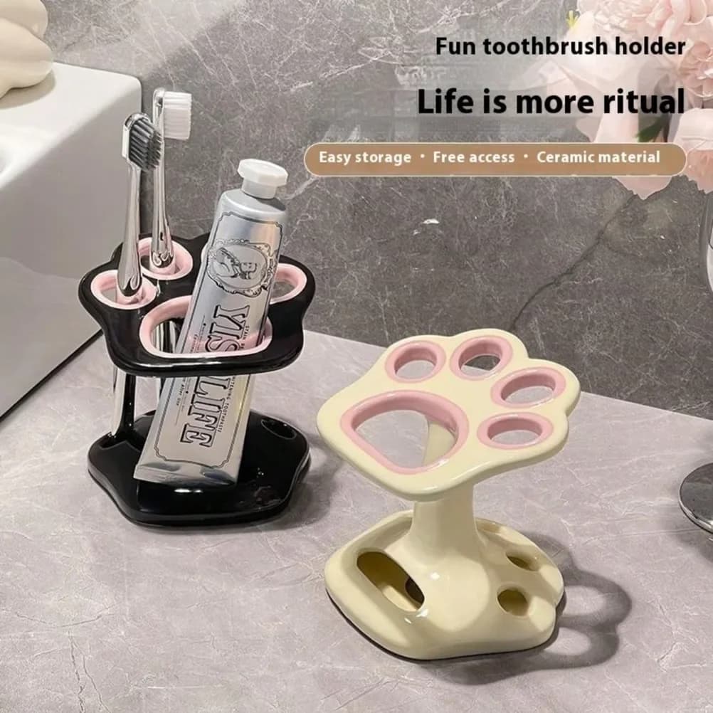 Portaspazzolino in Ceramica a Forma di Zampa di Gatto, Carino, Senza Foratura, Base Portaspazzolino, Contenitore per Pennelli da Trucco, Accessorio per Bagno