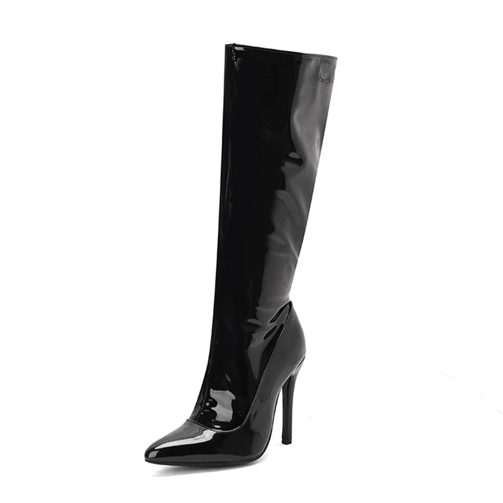 Women Patent Leather Knee High Boots Inner Side Zipper Stiletto High Heel Fleece Lined Long Boots Small Large Sizes 32-46 M86