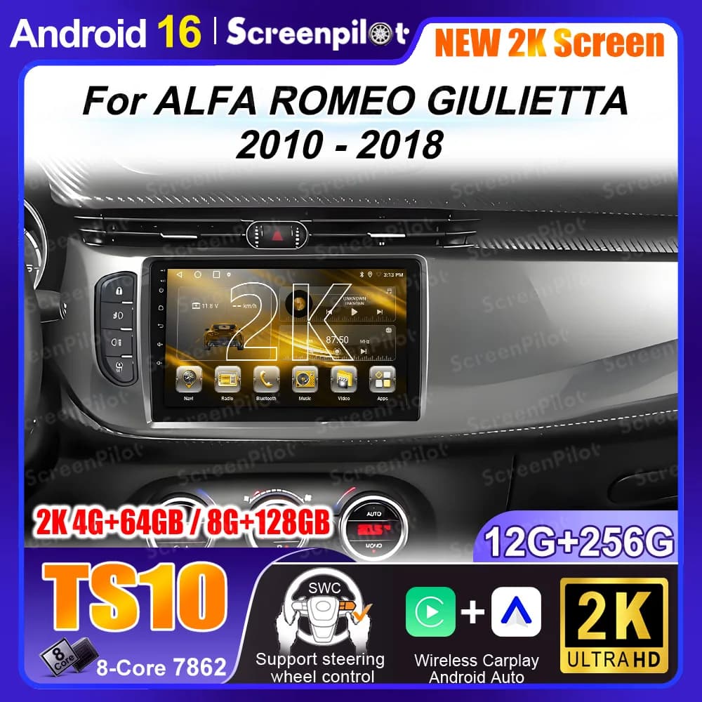 Autoradio Android 16 per ALFA ROMEO GIULIETTA 2010 - 2018, Unità Principale Stereo, Lettore Multimediale, Schermo QLED 2K, DVD, Dash Cam, 5G, BT
