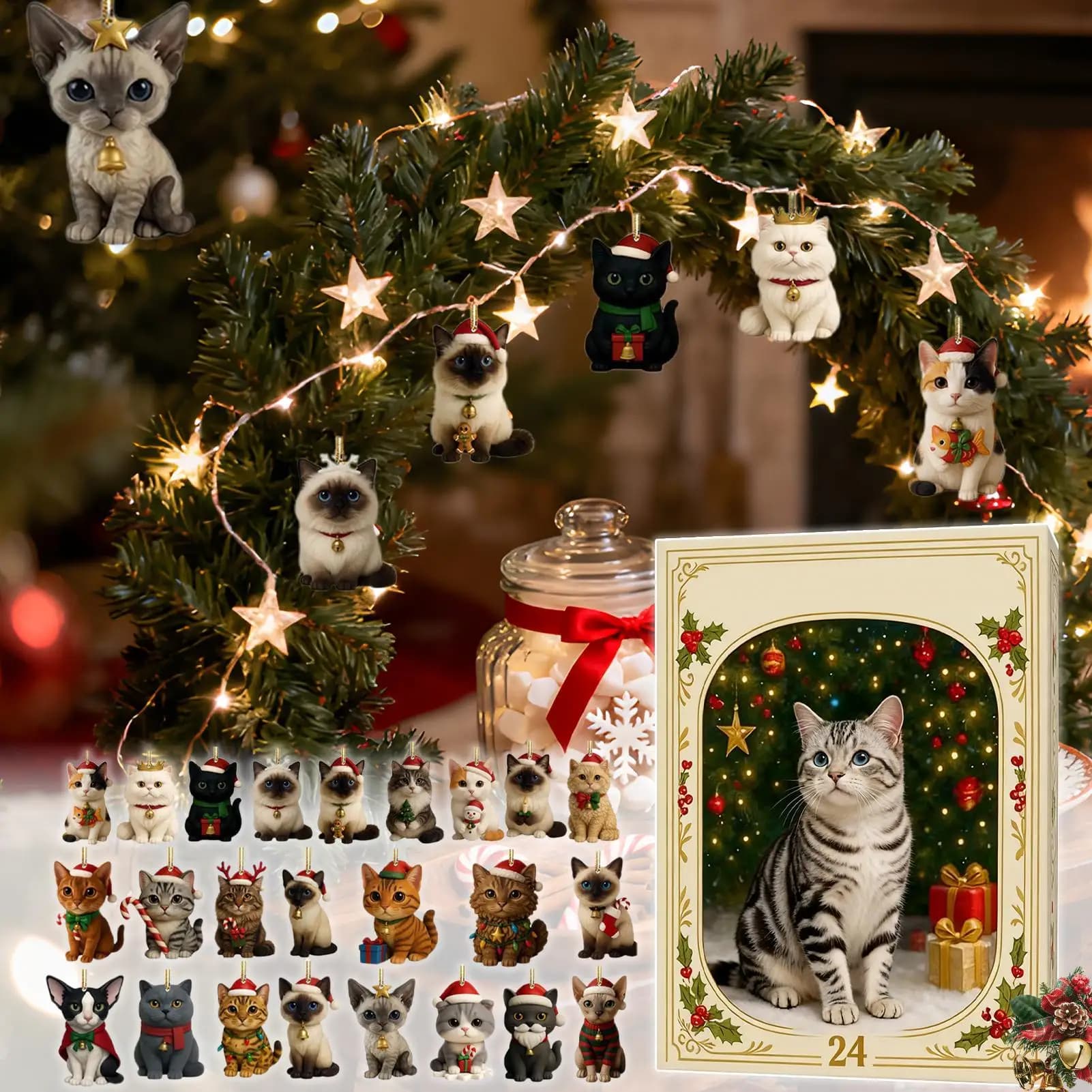 Calendario dell'Avvento per gatti 2025 Conto alla rovescia di Natale con 24 razze diverse Ornamenti pendenti per albero di Natale con gattino carino in acrilico 2D