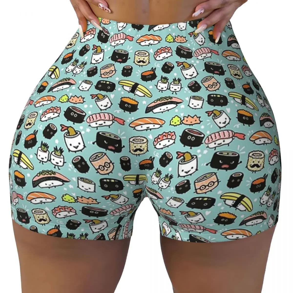 Custom Cute Sushi Pattern Kawaii Sushi Characters Yoga Shorts Women Gym Workout Running Athletic Volleyball Biker Shorts