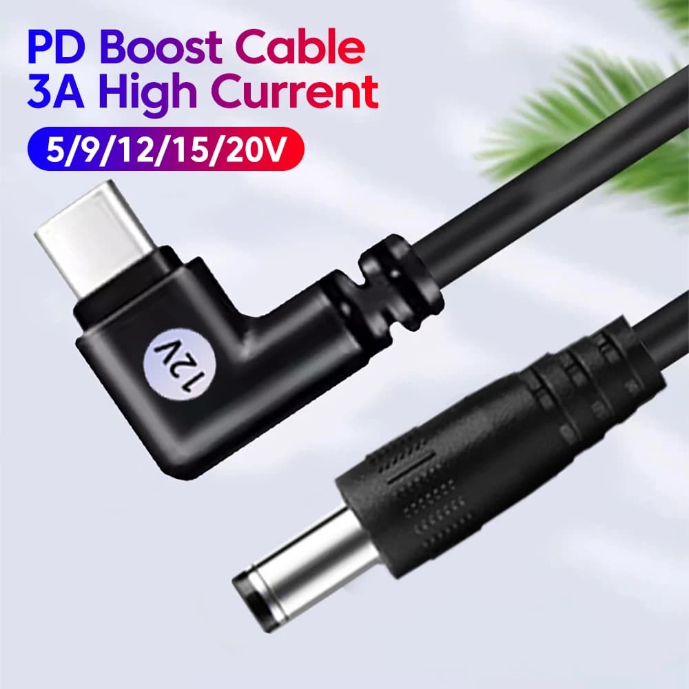 90 ° Cavo di alimentazione USB-C a DC a gomito 5V/9V/12V/15V/20V 3A PD con convertitore di tensione per router Wi-Fi, mini ventilatore, altoparlante