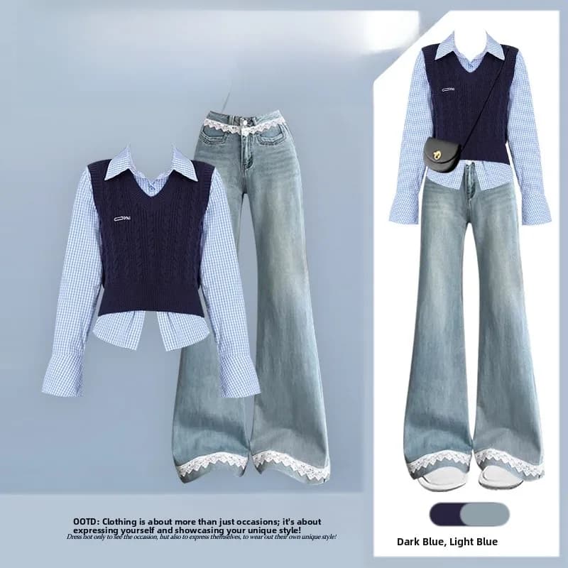 Retro Korean Sle Autumn Set Design Sense Elegance Vest irt High Waist Wide Leg Jeans Tee Piece Set Women's Faion