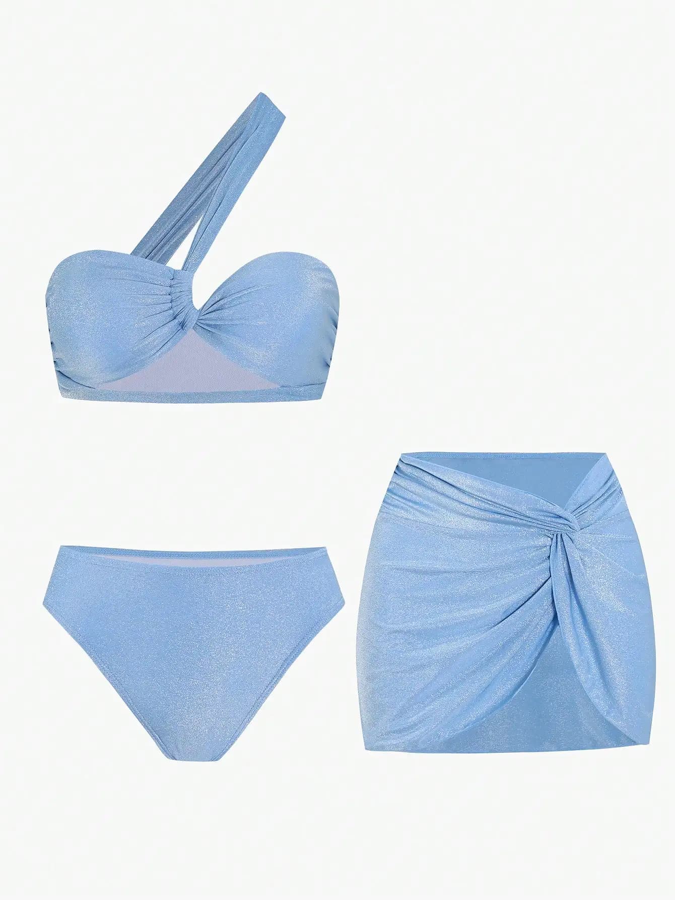 Bikini asimmetrico monospalla da donna blu cielo con drappeggio e gonna coordinata per feste in spiaggia e vacanze