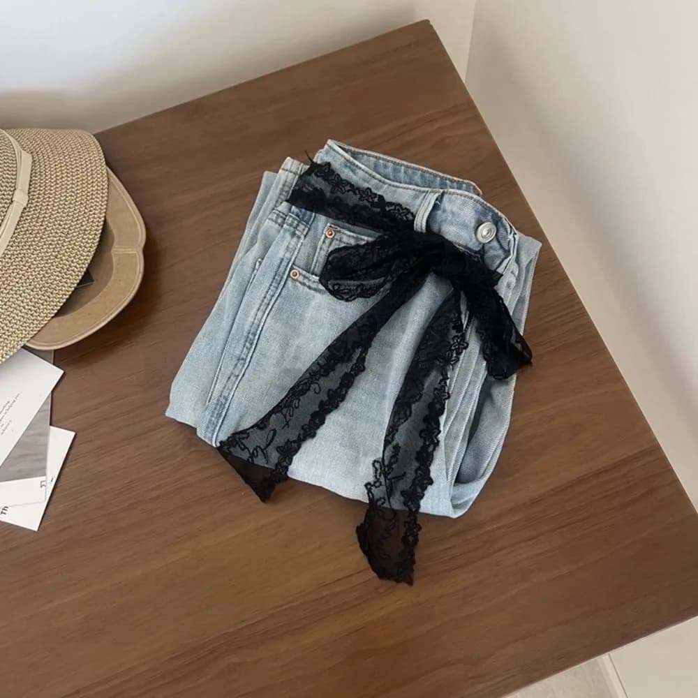 Fashion Y2k Long Lace Waistband Bow Thin Lace Waist Belt Tie Up Floral Dress Jeans Belt Spicy Girls