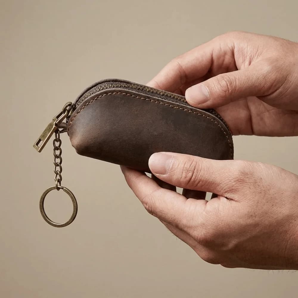 Portable Anti-lost Mini Leather Coin Purse Thin Zipper Men Key Ring Pouch Solid Color Credit Card Holder Car Key Bag Storage