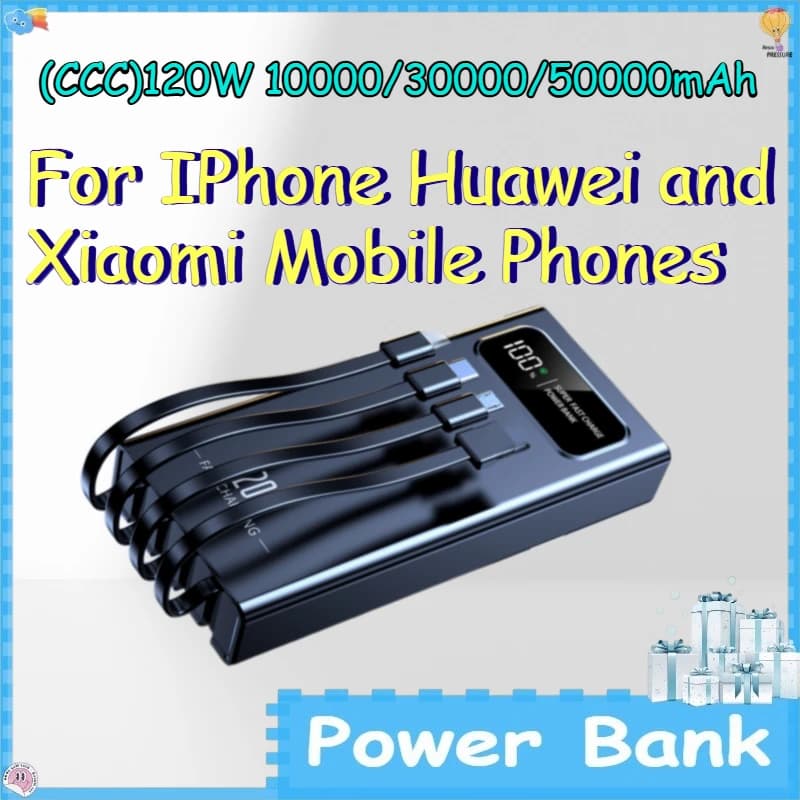 (CCC) Power Bank da 120W 10000/30000/50000mAh per iPhone, Huawei e Xiaomi con Cavo Integrato