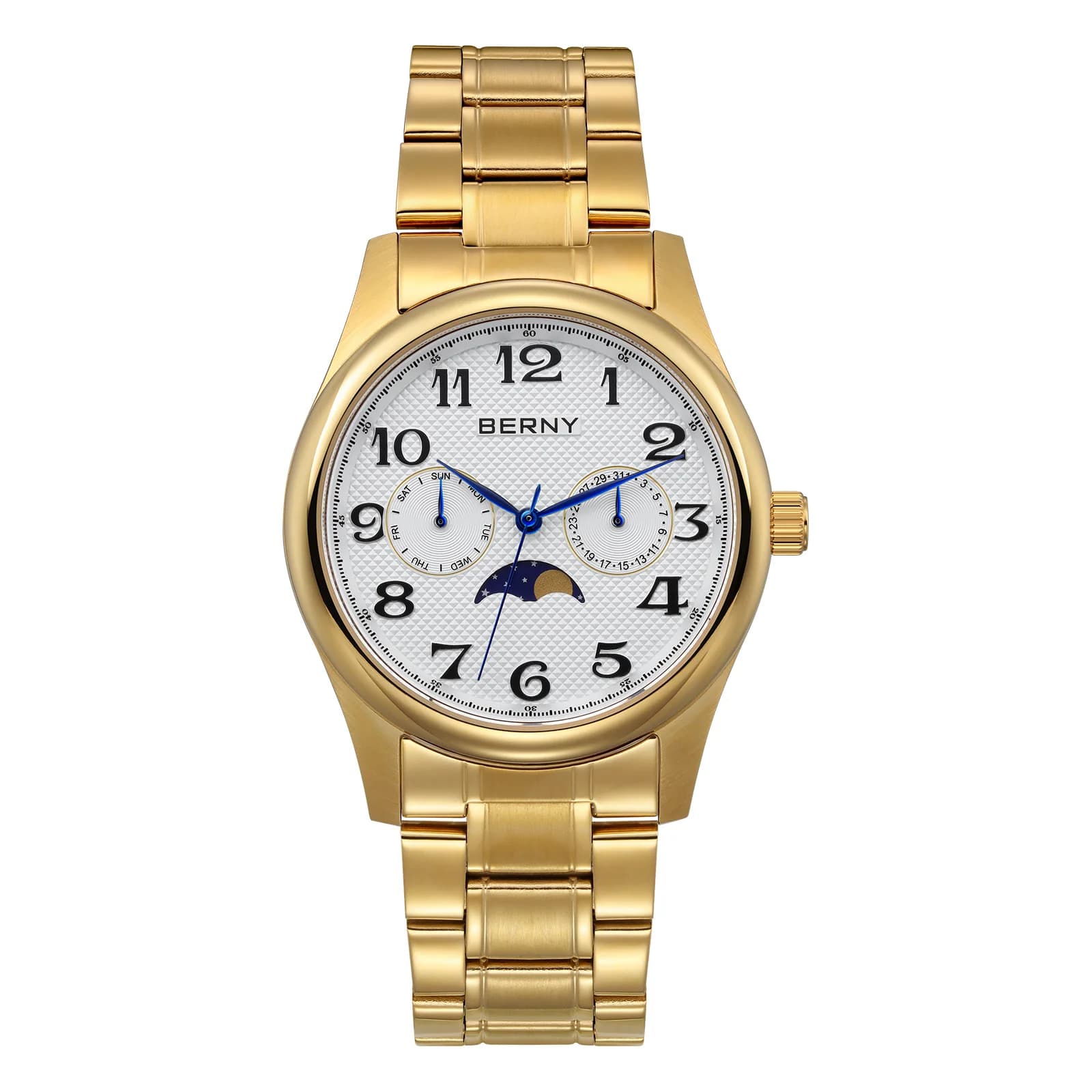 BERNY Gold Men's Watch Luxury Quartz Moon Phase Watches for Men Calendar Date Week Easy to Read Multi-hand Wristwatch