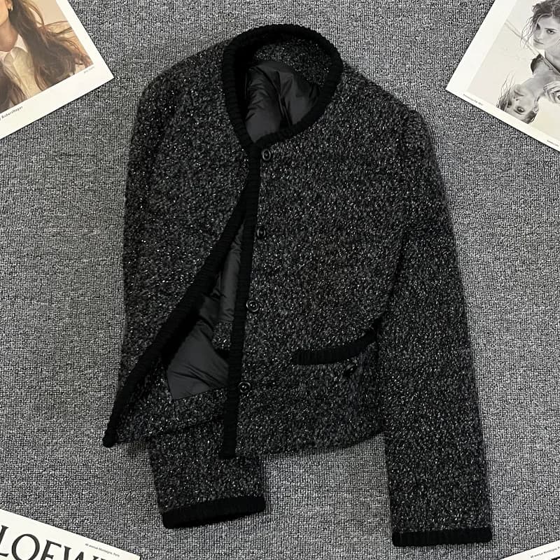 Giacca corta autunno inverno con fodera in piumino profumato nero per donna Giacca in tweed grossolano da donna francese semplice e calda alla moda