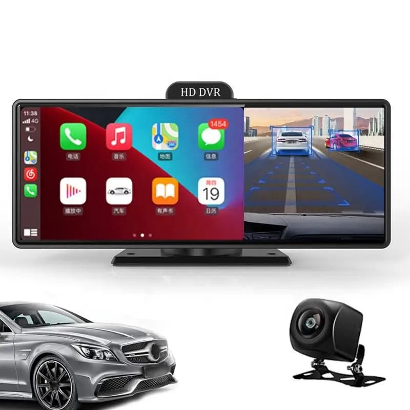 Dash Cam Wireless Carplay 4K con Schermo Touch da 10.26'', WiFi Dual, FM, Telecamera di Retromarcia 1080P, Videocamera DVR per Auto