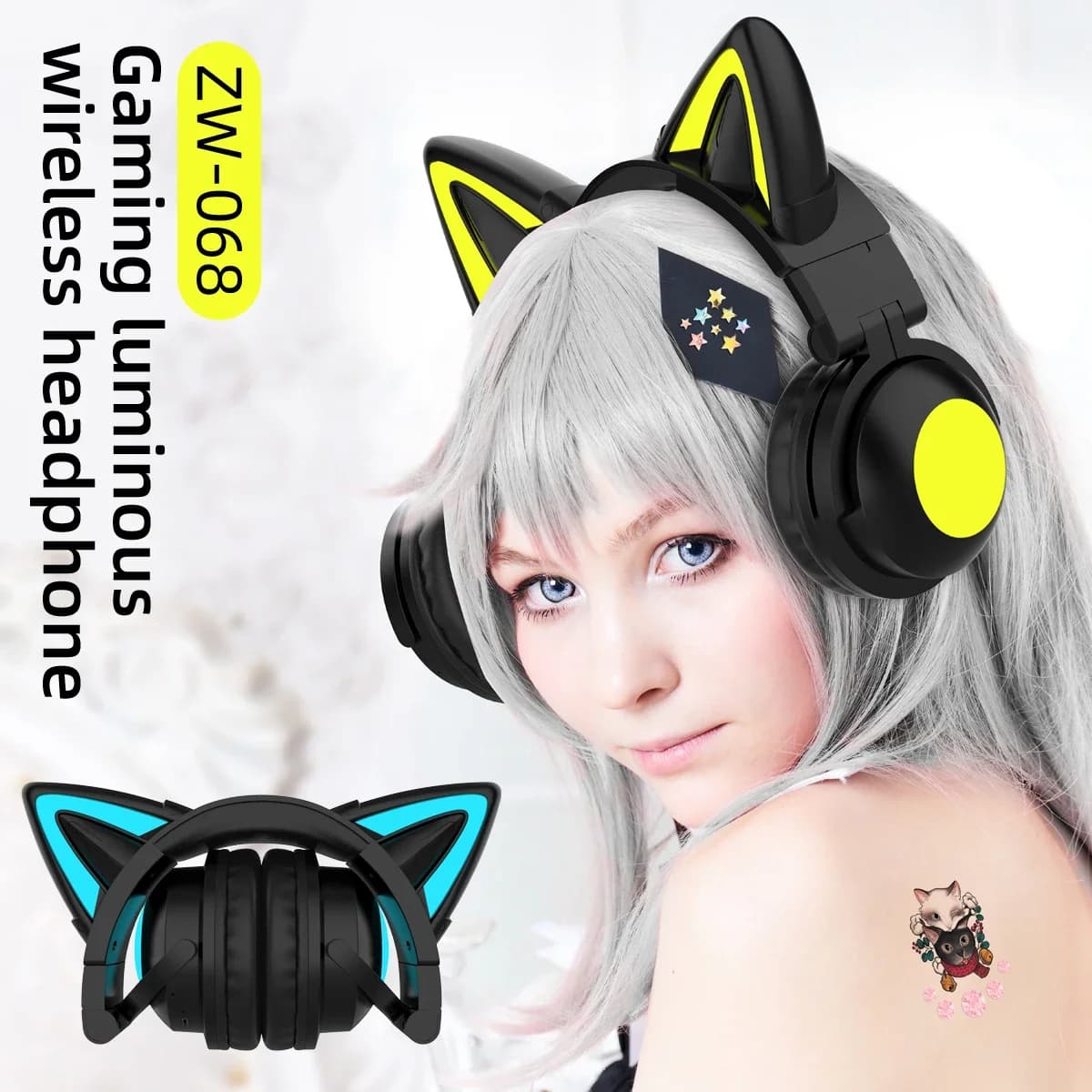 ZW068 Bluetooth Headphones LED light Cat Ears Headset Wireless Earphone Headphones Bluetooth Wireless For Samsung for PC