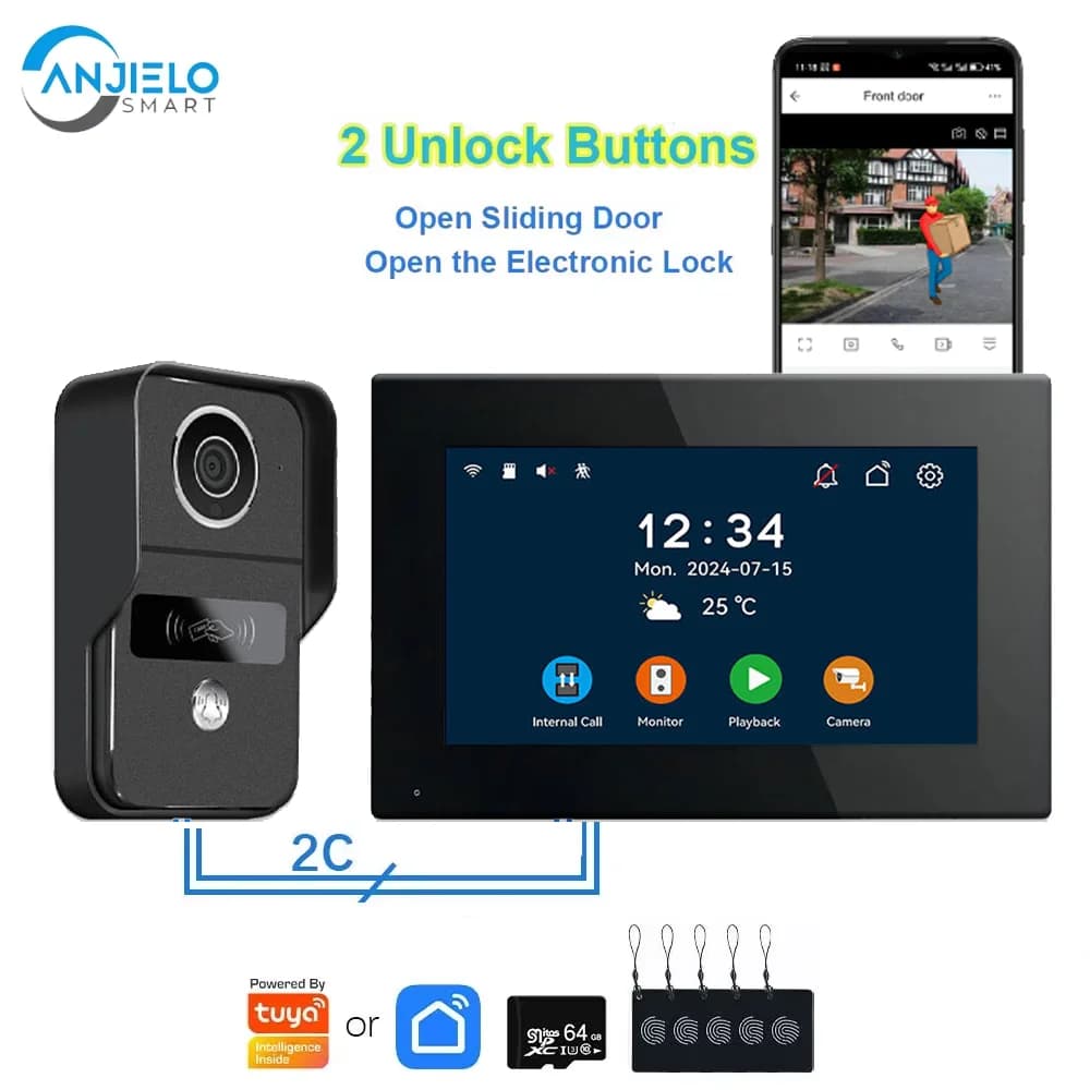 ANJIELOTuya Monitor a Colori Touch 1080P da 7/10 Pollici con Sblocco Impronta Digitale, Videocitofono per Porta e Garage, Campanello per Sicurezza Domestica