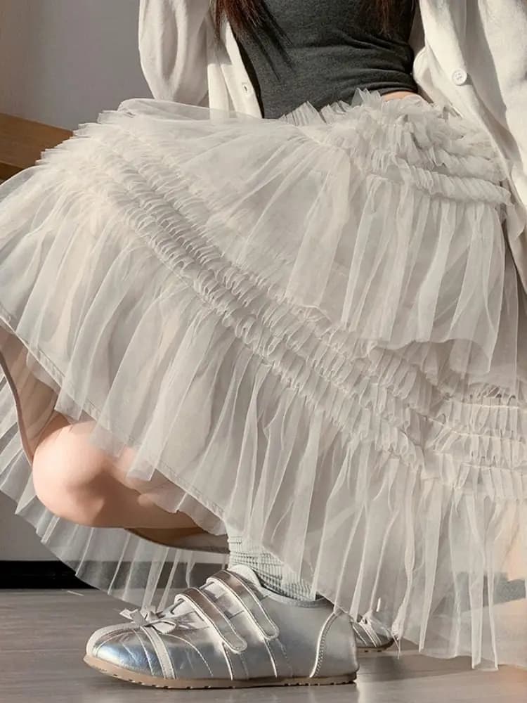 Sweet Lace Mesh Half Skirt Women's Spring New Gentle Style Versatile A-Line Fluffy Cake Skirt High Waist Elastic Waistline