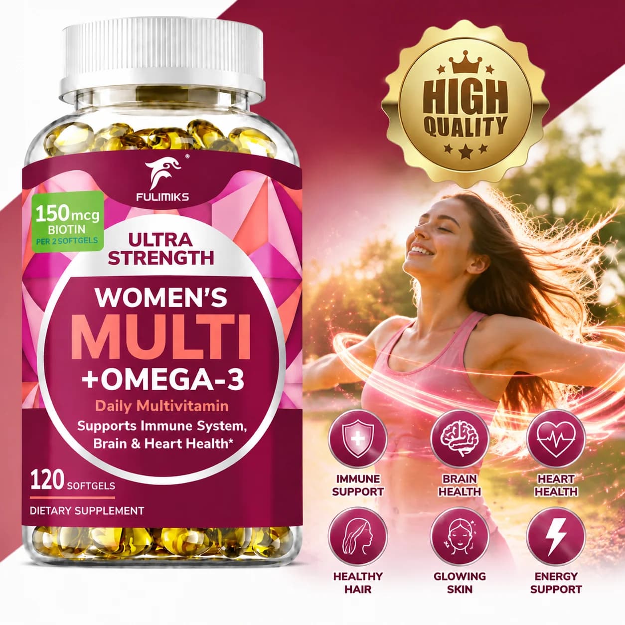 Advanced Women’s Multivitamin Supplement, with Omega‑3, Supports Immune System, Healthy Energy, Hair Skin Nails & Heart Wellness