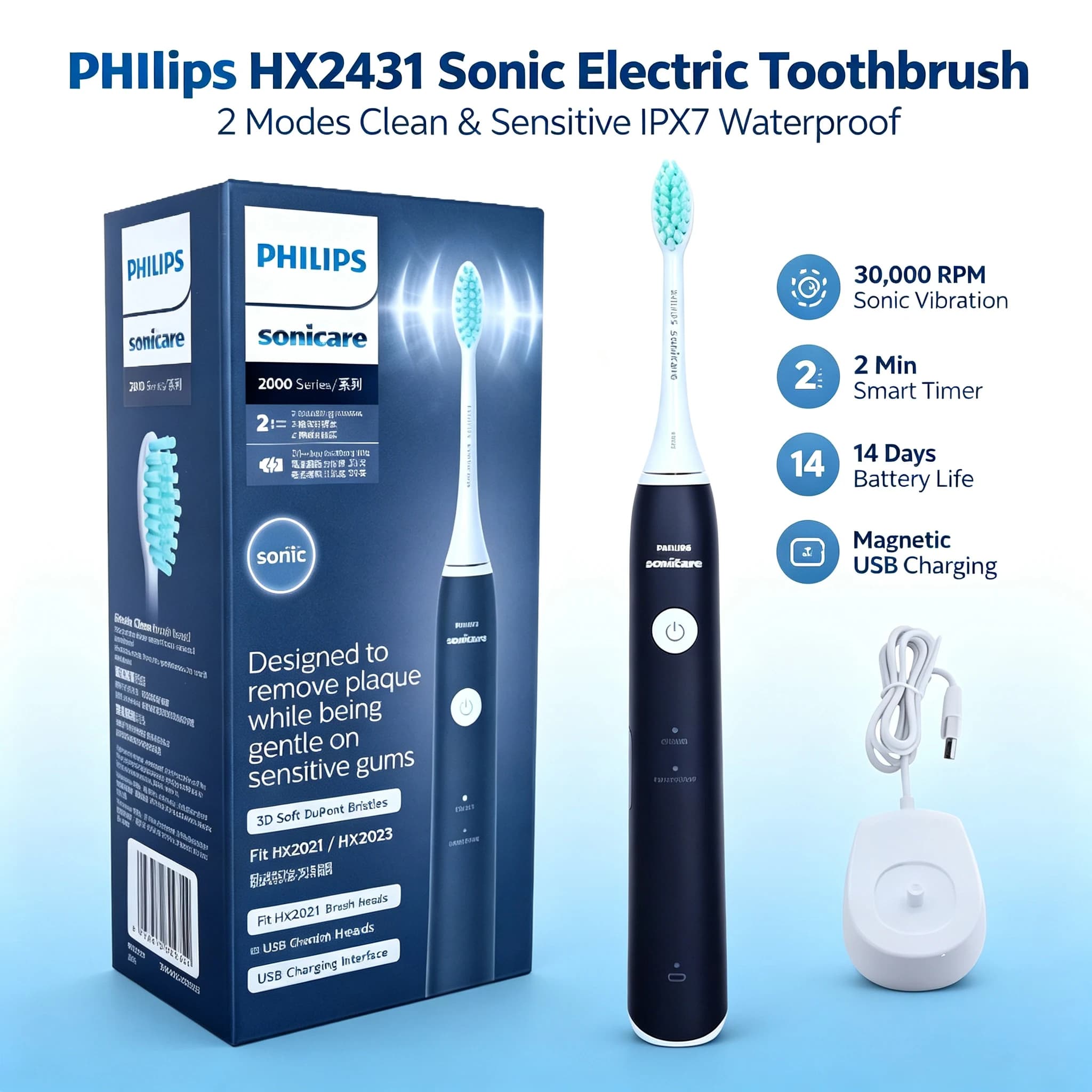 Philips Sonicare HX2431 Sonic Electric Toothbrush Waterproof USB Magnetic Charging Soft DuPont Bristles For Sensitive Gums