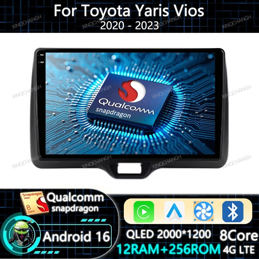 Android 15 Car Radio Carplay Auto For Toyota Yaris Vios 2020 - 2023 Multimedia Video Player 2DIN Qualcomm QLED 4G LTE 5G WIFI BT