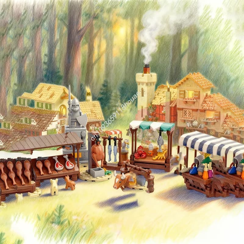 418 pezzi MOC mercato medievale castello modello blocchi di costruzione giocattolo costruzione fai da te regalo di Natale idea educativa creativa mattoni
