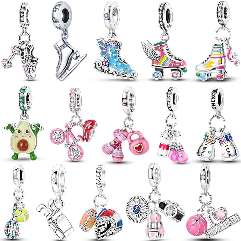Hot Sneakers Pattini a rotelle da ghiaccio in argento sterling 925 Scarpe da balletto rosa Ciondolo con ciondolo Originale adatto per donne Gioielli fai da te Ragazza Charms