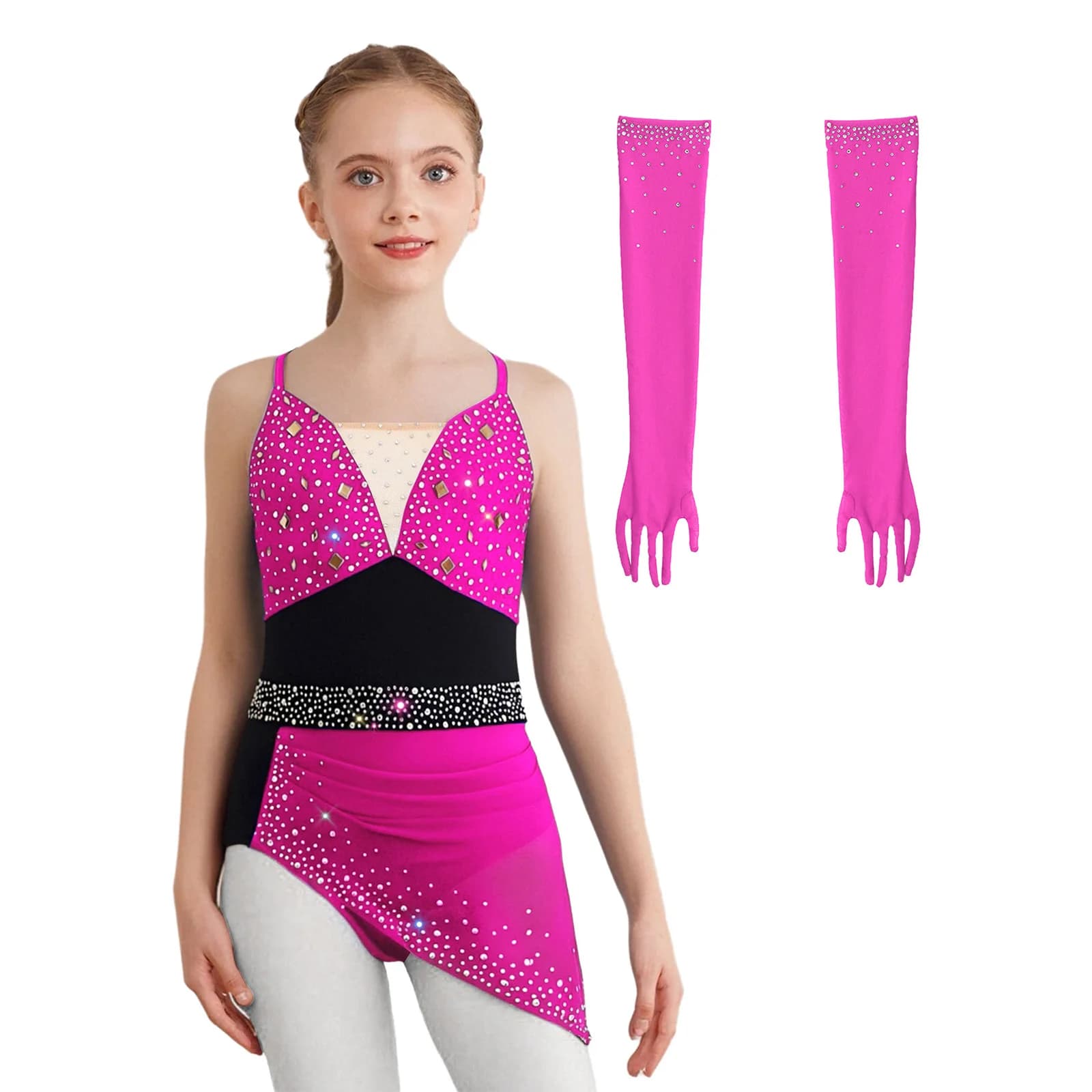 Abito da Pattinaggio Artistico per Bambine con Spalline Sottili, Strass e Design Asimmetrico, con 1 Paio di Guanti in Rete