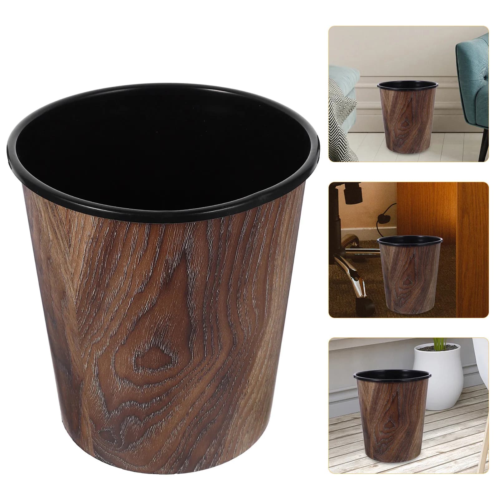 Cestino per Rifiuti Effetto Legno, Contenitore Compatto da Scrivania, Bidone in Plastica per Ufficio e Casa