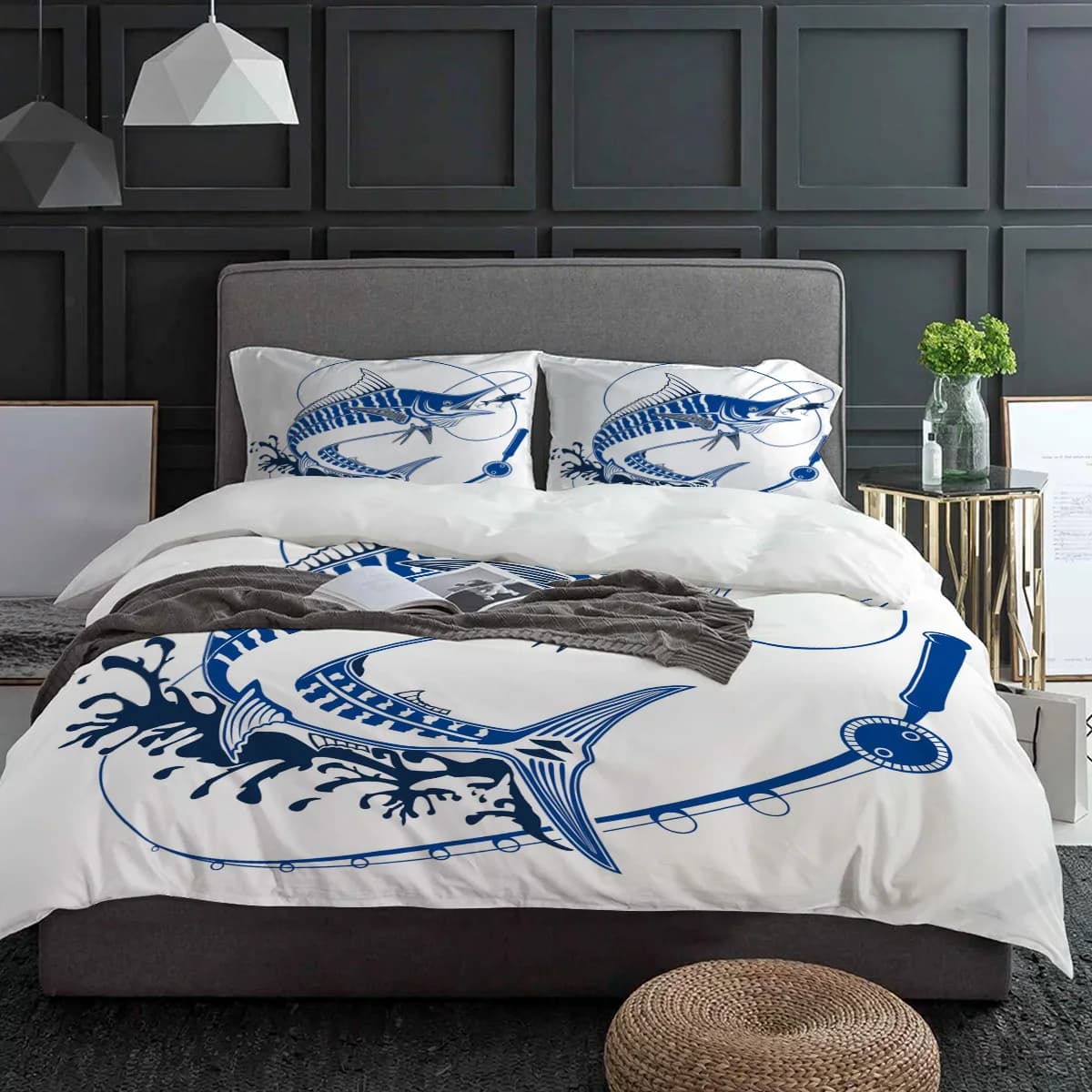 Esca da pesca Blu Bianco Set biancheria da letto 3 pezzi Ragazzi Ragazze Copripiumino Federa Bambini Copripiumino per adulti Set letto matrimoniale Tessili per la casa