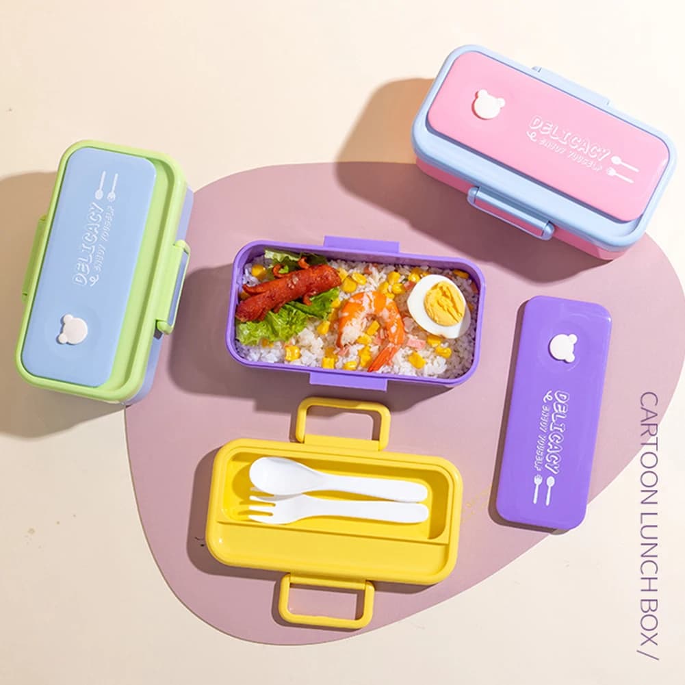 Scatola da pranzo per bambini in microonde per cartoni animati per la scuola Contenitori riutilizzabili per preparazione dei pasti con cucchiaio forchetta per il pranzo scolastico