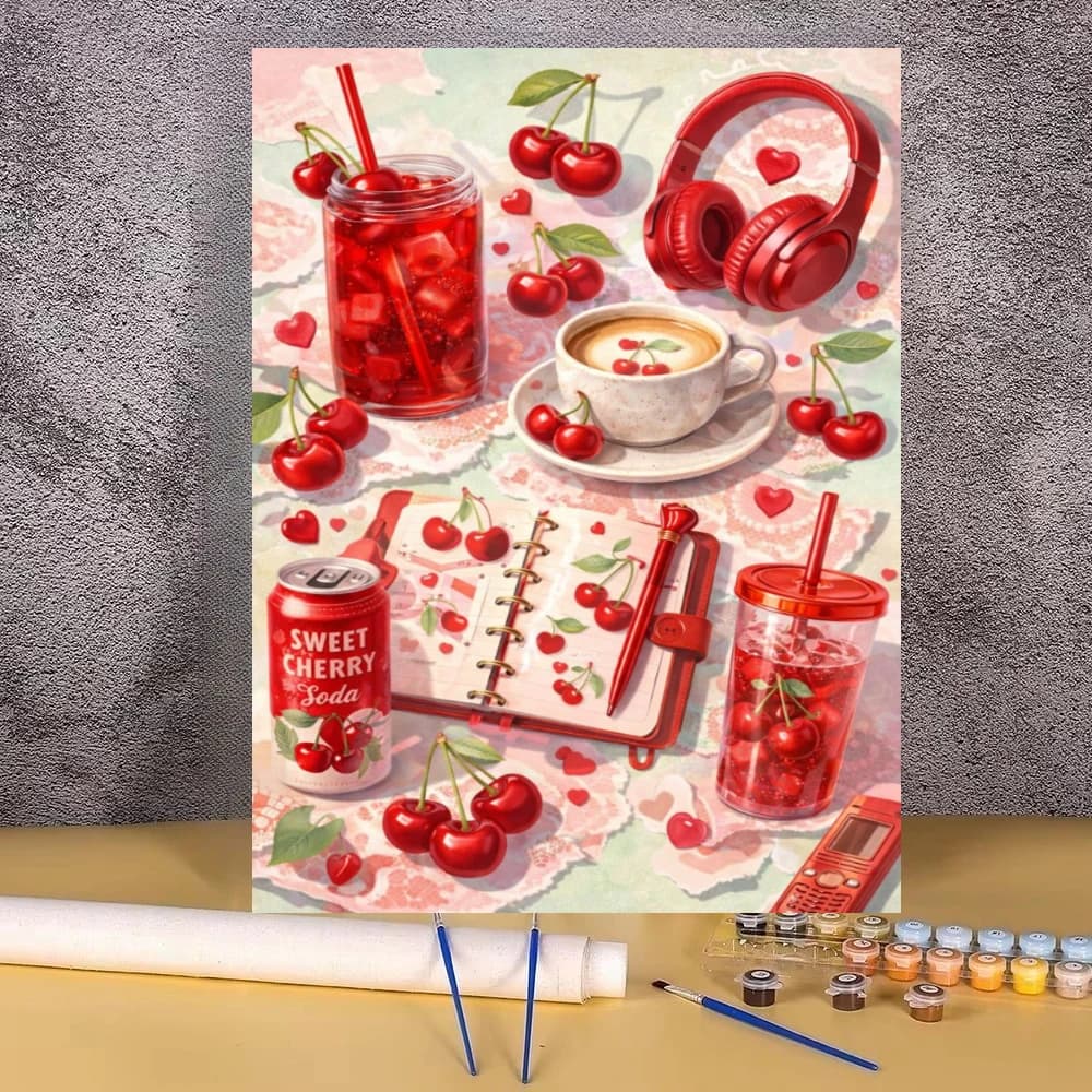 Sweet Cherry Soda Coffee Still Life Modern Canvas Oil Painting Paint by Numbers for Living Room Bedroom Home Decor No Frame