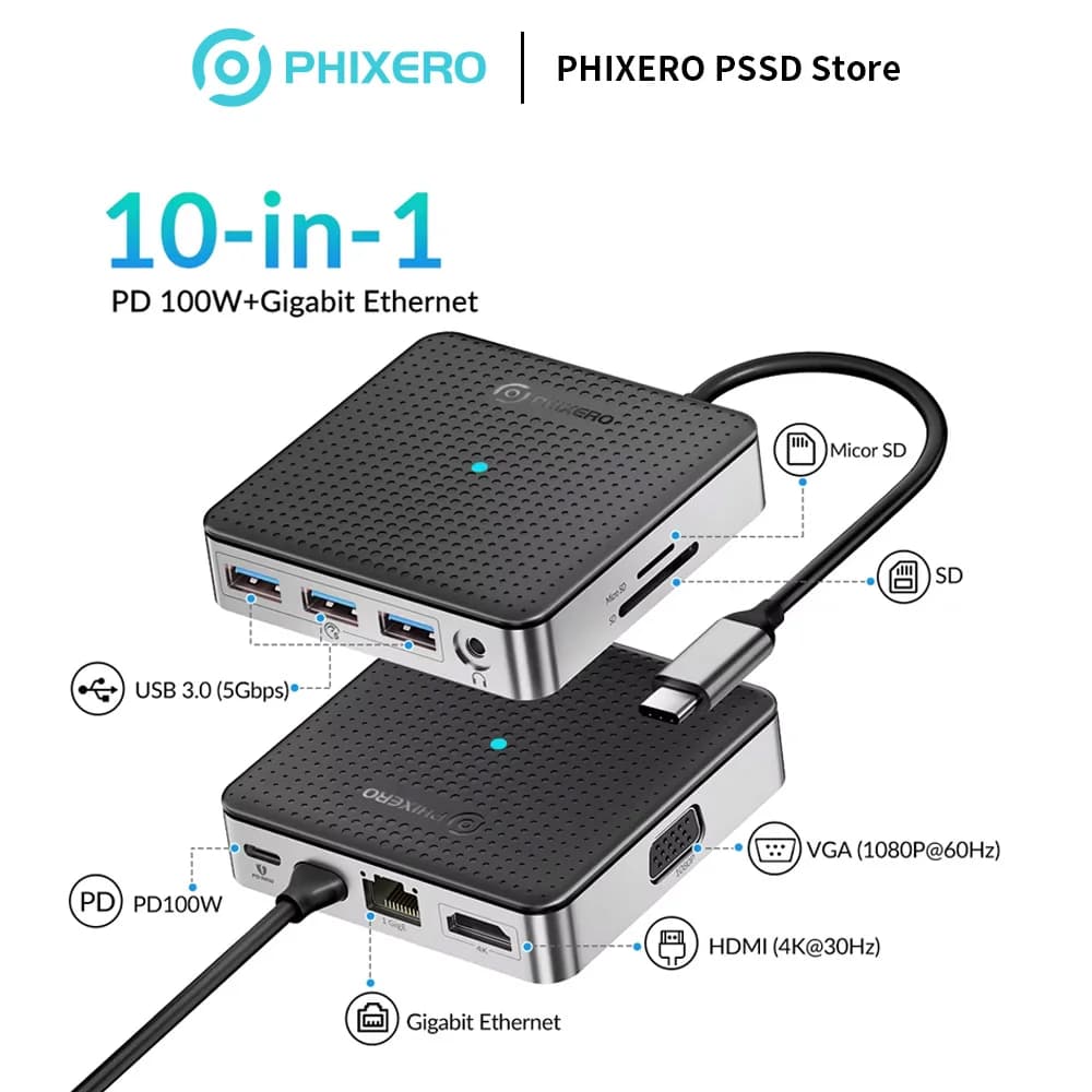 Docking station PHIXERO tipo C doppio monitor 10 in1 triplo display Hub USB C adattatore multiplo per laptop/tablet Plug and Play