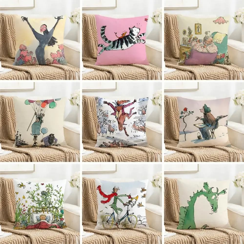 Whimsical UK Casual Q-Quentin Blake Cushion Cover Washable Faux Linen for Daily Use Sofa Home Room lightweight Decor